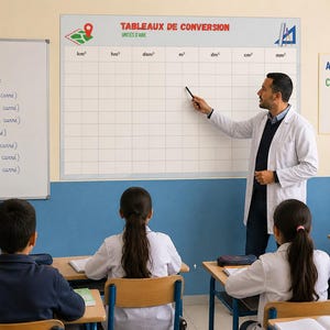 May include: A large wall-mounted educational conversion chart titled TABLEAUX DE CONVERSION UNITÉS D'AIRE, featuring a grid with metric area units from km² to mm². The chart includes icons of a map and geometry tools, displayed in a classroom setting.