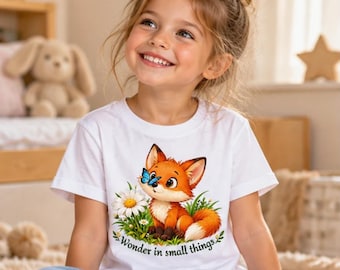 Camiseta infantil con estampado de zorro y motivos de animales del bosque.