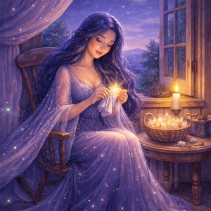 Estampado de Mujer Nocturna Cosiendo Estrellas, Póster de Diosa Celestial Iluminada por la Luna, Decoración Mística para Dormitorio