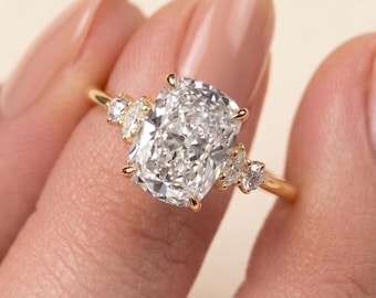 Anillo de compromiso de moissanita talla cojín alargada de 2 quilates, anillo de boda de oro amarillo macizo de 14k, anillo de racimo inspirado en la naturaleza para ella, anillo de propuesta.