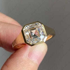 Bezel Set Asscher Cut Moissanite Engagement Ring, Thick / Wide Band, 14K Solid Gold, Wedding Ring, Asscher Diamond, Solitaire Ring for Women