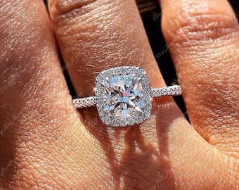 3 CT Cushion Cut Moissanite Diamond Ring, Cushion Cut Halo Engagement Ring, 14K White Gold Ring, Pave Set Anniversary Ring Gifts For Women