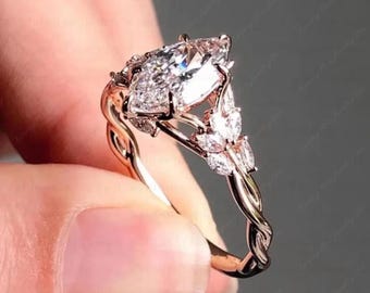 Floral marquise geslepen moissanite verlovingsring, vintage 14K gouden moissanite diamanten trouwring natuur inspireren ring, belofte ring voor vrouwen