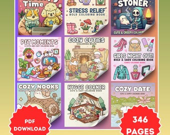 Cozy & Cute Coloring Book Bundle 9 Coloring Books PDF + PNG, Cozy Coloring Book, Procreate Coloring Pages