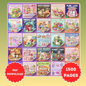 Könnte beinhalten: Eine Sammlung von 20 Malbüchern mit verschiedenen Themen, darunter "Garden Nook", "Comfy Buddies" und "Pure Love". Die Bücher zeigen niedliche Illustrationen. Der Text "PDF DOWNLOAD" und "1500 PAGES" sind sichtbar.