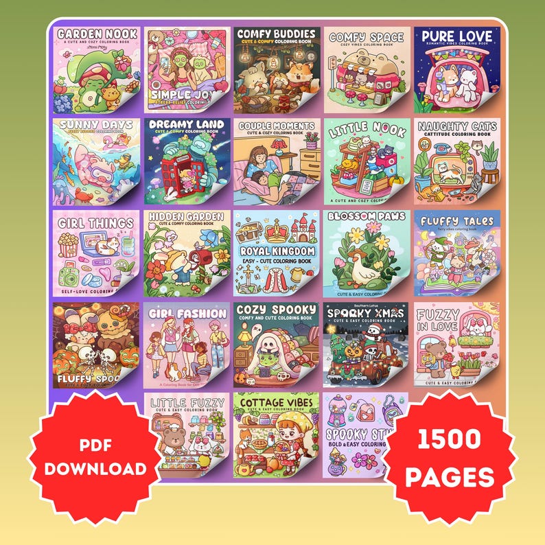 May include: A selection of 20 colouring books with titles such as "Garden Nook," "Comfy Buddies," and "Pure Love." The books display charming illustrations. The text "PDF DOWNLOAD" and "1500 PAGES" are also visible.