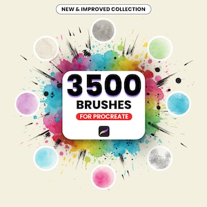 May include: An image featuring a colorful watercolor splash with the text "3500 BRUSHES FOR PROCREATE." Surrounding the text are nine circular brush stroke samples in various colors and textures. The words "NEW & IMPROVED COLLECTION" are at the top.