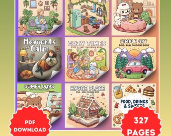 Cozy Coloring Book Bundle, Bold Easy Designs (PDF Download)