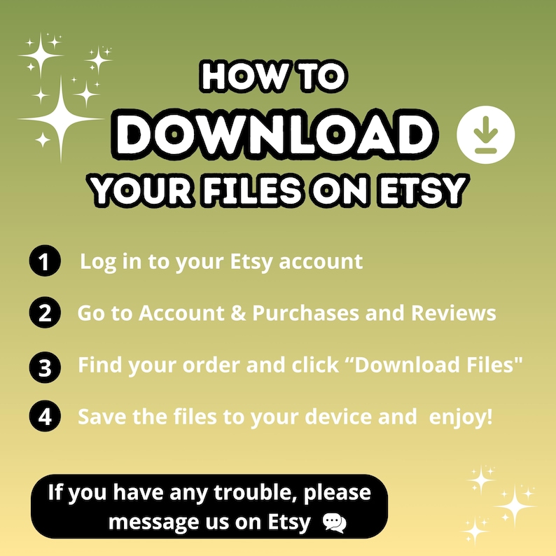May include: A green and yellow gradient graphic with instructions on how to download files on Etsy. The text includes steps to log in, find the order, and save the files. The image also includes a prompt to message Etsy for help.