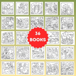 May include: A set of 36 colouring books, each with detailed black and white illustrations of whimsical scenes with animals and characters. The books are arranged in a grid, with a red circle in the centre reading "36 BOOKS".
