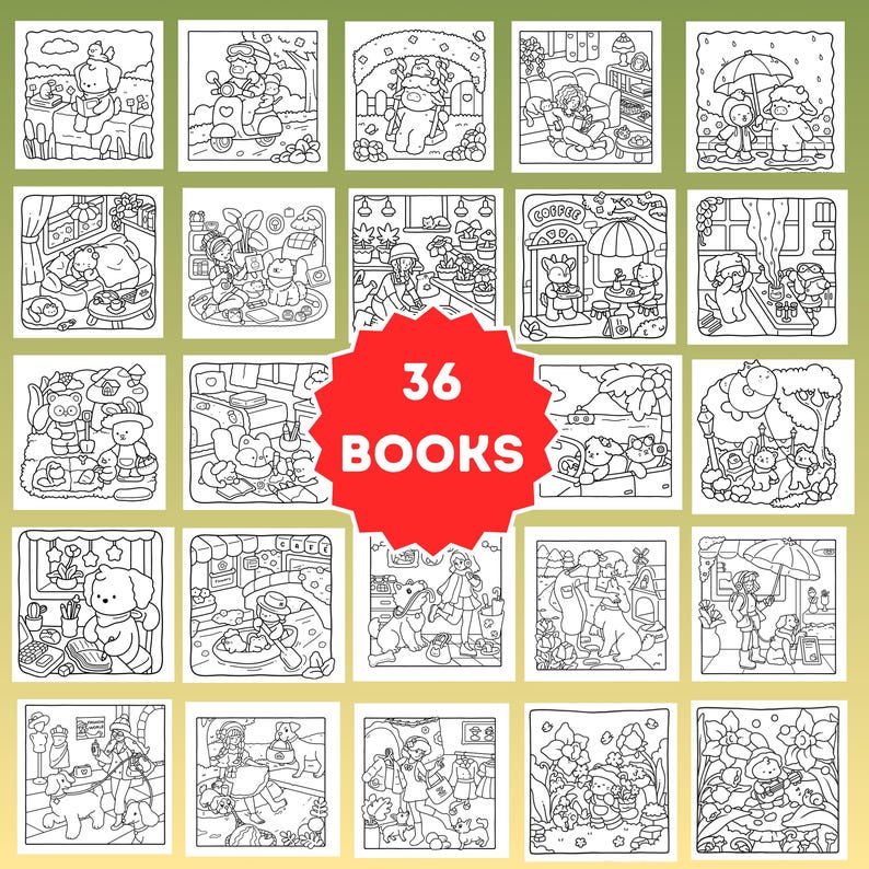 May include: A set of 36 colouring books, each with detailed black and white illustrations of whimsical scenes with animals and characters. The books are arranged in a grid, with a red circle in the centre reading "36 BOOKS".