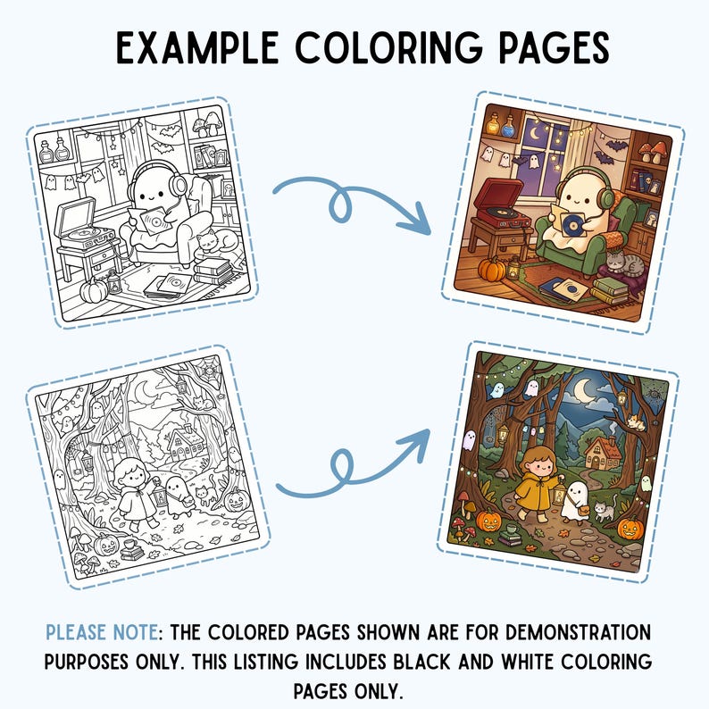 Puede incluir: La imagen muestra cuatro ilustraciones cuadradas de p&aacute;ginas para colorear. Las dos superiores muestran un personaje de dibujos animados escuchando m&uacute;sica. Las dos inferiores muestran una escena de bosque espeluznante. El texto en la parte superior dice "EXAMPLE COLORING PAGES". El texto en la parte inferior dice "PLEASE NOTE: ... PAGES ONLY."