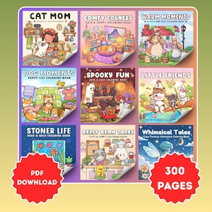 Puede incluir: Se muestran nueve libros para colorear ilustrados, con títulos como "Cat Mom", "Comfy Corners" y "Whimsical Tales". La imagen también incluye el texto "PDF Download" y "300 Pages". Los libros tienen varios temas, incluyendo mascotas, escenas acogedoras y aventuras de fantasía.