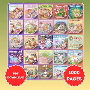 Könnte beinhalten: Eine Sammlung von 20 Malbüchern mit Titeln wie "Simple Joys" und "Cozy Hunnies". Das Bild zeigt auch ein rotes Abzeichen mit der Aufschrift "PDF DOWNLOAD" und ein weiteres mit "1000 PAGES".
