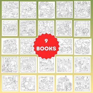 May include: A collection of nine coloring books, each featuring detailed black and white illustrations of cute animals in various scenes. The books are displayed with a red circular graphic that reads "9 BOOKS".
