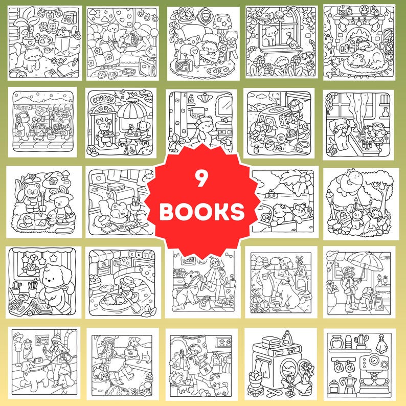 May include: A collection of nine coloring books, each featuring detailed black and white illustrations of cute animals in various scenes. The books are displayed with a red circular graphic that reads "9 BOOKS".