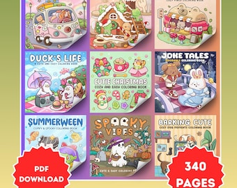 Cozy & Cute Coloring Book Bundle 9 Coloring Books PDF + PNG, Cozy Coloring Book, Procreate Coloring Pages