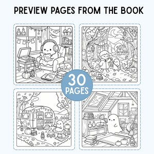 Puede incluir: Ilustraciones en blanco y negro de un libro para colorear. Las im&aacute;genes representan escenas con fantasmas, calabazas e interiores acogedores. El texto en la parte superior dice "PREVIEW PAGES FROM THE BOOK". Un gr&aacute;fico circular en el centro dice "30 PAGES".