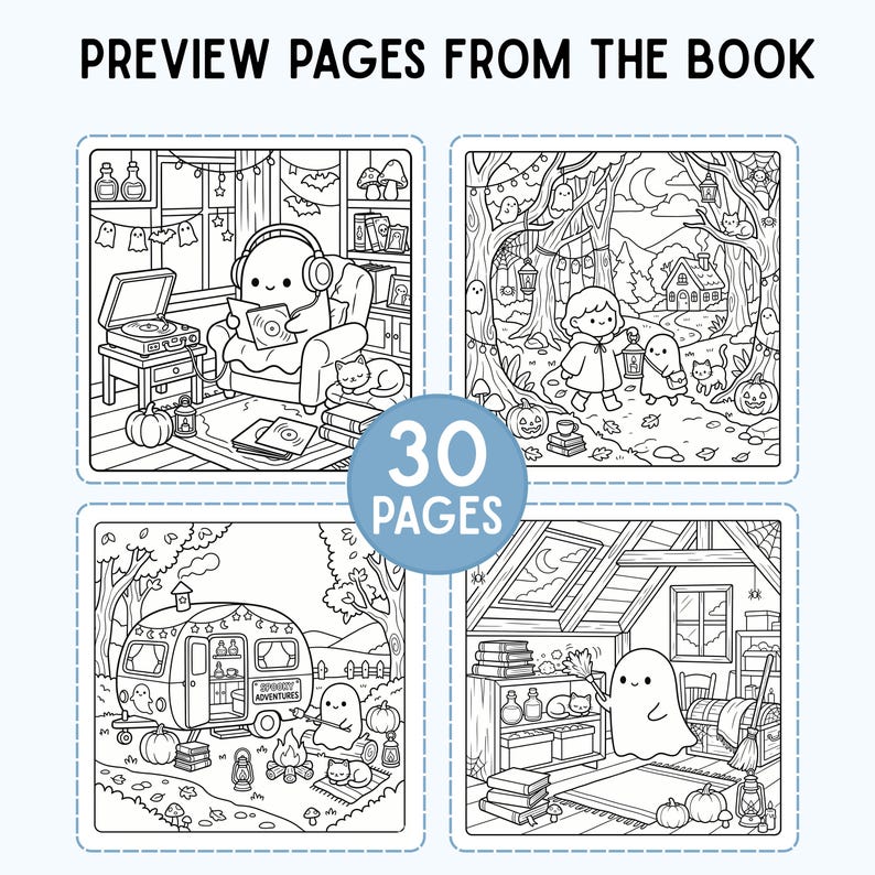 Puede incluir: Ilustraciones en blanco y negro de un libro para colorear. Las im&aacute;genes representan escenas con fantasmas, calabazas e interiores acogedores. El texto en la parte superior dice "PREVIEW PAGES FROM THE BOOK". Un gr&aacute;fico circular en el centro dice "30 PAGES".
