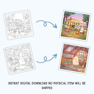 Puede incluir: Gr&aacute;fico de descarga digital con dos conjuntos de ilustraciones. Uno muestra una caravana y un fantasma, el otro un fantasma en una buhardilla. El texto en la parte inferior dice: DESCARGA DIGITAL INSTANT&Aacute;NEA NO SE ENVIAR&Aacute; NING&Uacute;N ART&Iacute;CULO F&Iacute;SICO.