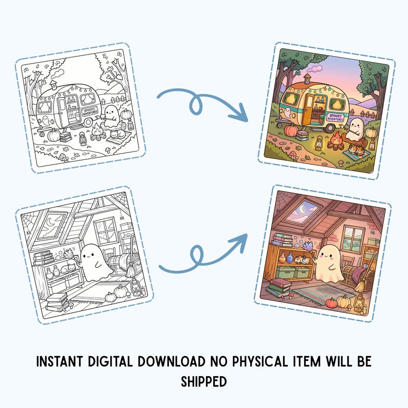 Puede incluir: Gr&aacute;fico de descarga digital con dos conjuntos de ilustraciones. Uno muestra una caravana y un fantasma, el otro un fantasma en una buhardilla. El texto en la parte inferior dice: DESCARGA DIGITAL INSTANT&Aacute;NEA NO SE ENVIAR&Aacute; NING&Uacute;N ART&Iacute;CULO F&Iacute;SICO.