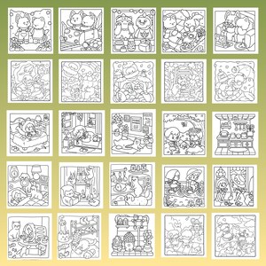 May include: Twenty square coloring pages, each with a different black and white illustration of cute animals in various domestic and outdoor settings. The images are outlined with black lines and are ready to be coloured.
