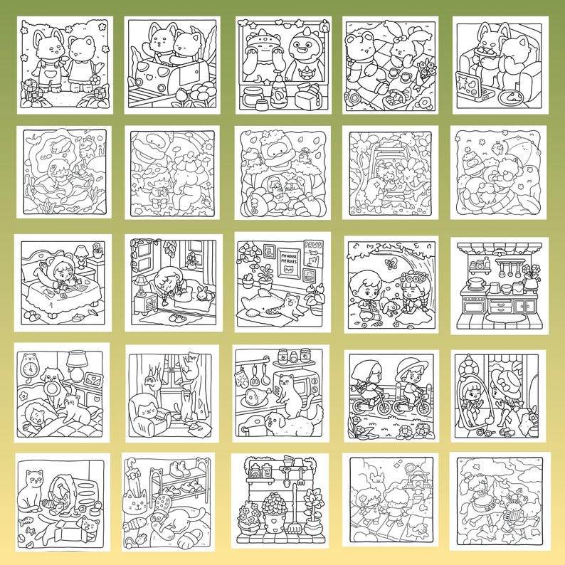 May include: Twenty square coloring pages, each with a different black and white illustration of cute animals in various domestic and outdoor settings. The images are outlined with black lines and are ready to be coloured.