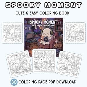 Puede incluir: Una colecci&oacute;n de p&aacute;ginas para colorear con tem&aacute;tica de Halloween. El t&iacute;tulo "SPOOKY MOMENT" se muestra en la parte superior, con "CUTE & EASY COLORING BOOK" debajo. La imagen presenta varias ilustraciones de fantasmas y escenas de Halloween. El texto "30 COLORING PAGE PDF DOWNLOAD" est&aacute; en la parte inferior.