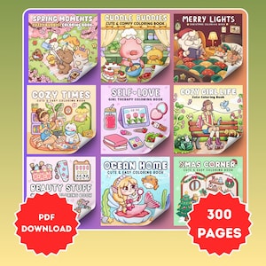 May include: Nine illustrated coloring books with titles such as "Spring Moments" and "Cozy Girl Life." Each cover displays charming artwork. A red badge at the bottom states "PDF DOWNLOAD" and "300 PAGES." The books are designed for relaxation.