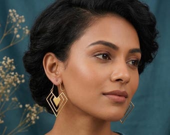 Geometric Gold Earrings Brass, Modern Dangle Earrings, Minimalist Gold Statement Earrings, Boho Geometric Earrings,