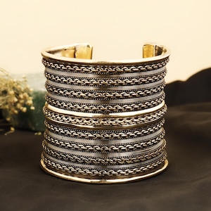 Boho Brass Chain Cuff Bracelet, Wide Tribal Statement Jewelry