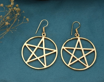 Gold Pentagram Dangle Earrings – Wiccan Pagan Star Hoop Jewelry