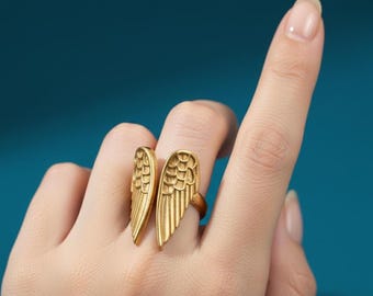 Angel Wing Ring, Gold Wing Ring, Brass Gold Ring, Adjustable Statement Ring, Boho Wing Ring, Minimalist Gold Ring, Handmade Jewelry Gift,