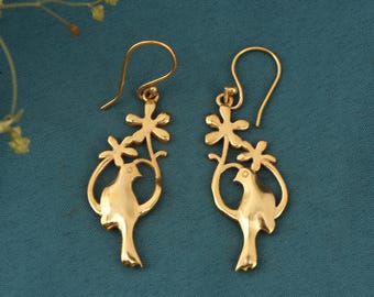 Brass Bird and Flower Dangle Earrings: Whimsical Nature Jewelry