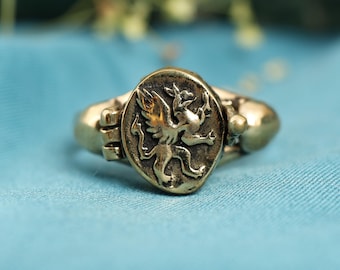 Griffin Locket Ring, Brass Secret Compartment, Vintage Boho Jewelry