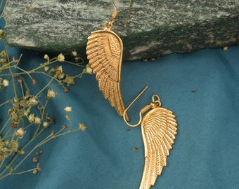 Gold Feather Wing Earrings: Celestial Brass Dangle Earrings