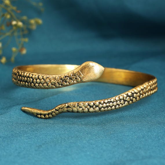 Oxidized Gold Snake Bracelet Cuff, Vintage Serpent Arm Cuff 