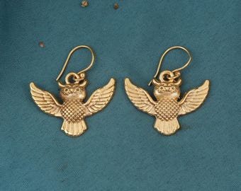 Owl Dangle Earrings, Brass Gold Owl Earrings, Bird Drop Earrings, Boho Animal Jewelry, Handmade Owl Jewelry, Nature Inspired Earrings,