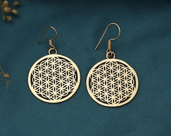Gold Flower of Life Dangle Earrings – Sacred Geometry Jewelry”