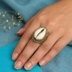 Boho Cowrie Shell Ring: Handmade Brass Ocean Jewelry