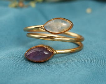 Moonstone Amethyst Ring: Gold Plated Adjustable Wrap Ring