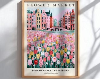 Cartel del mercado de flores Bloemenmarkt, Ámsterdam, Países Bajos, lámina decorativa floral tropical para pared, decoración botánica colorida, decoración bohemia para el hogar.