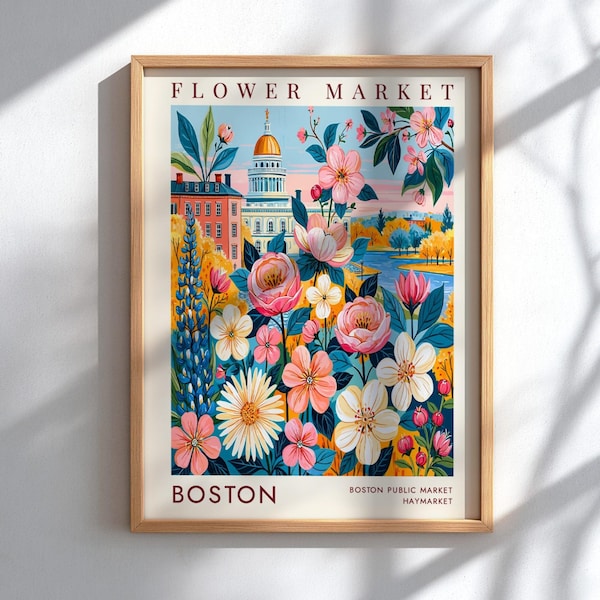 Boston bloemenmarkt-print | Botanische muurkunst | Ingelijste poster | Galerijmuurkunst