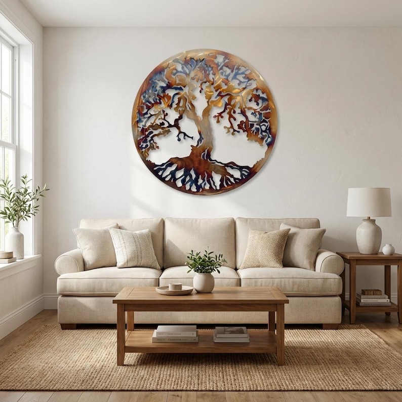 75cm Heat-Colored Tree of Life Metal Wall Art, Handcrafted Steel Wall Hanging, Large Living Room Decor image 1