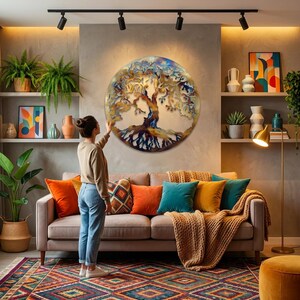 75cm Heat-Colored Tree of Life Metal Wall Art, Handcrafted Steel Wall Hanging, Large Living Room Decor image 2