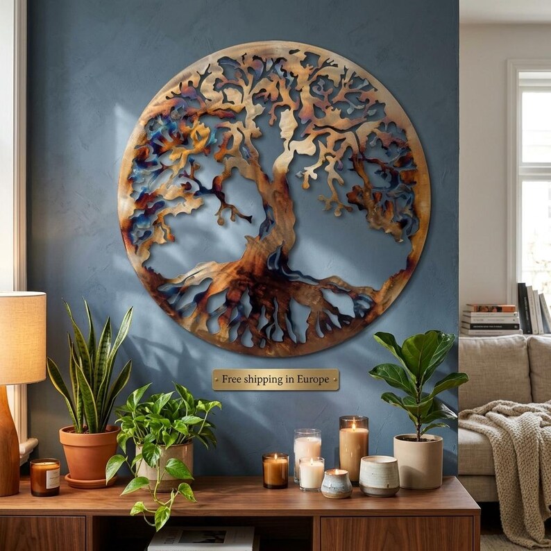 75cm Heat-Colored Tree of Life Metal Wall Art, Handcrafted Steel Wall Hanging, Large Living Room Decor image 6