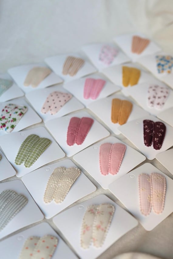 Fabric Snap Hair Clips - Pink, Red, Green and Blue Colours, Floral & Gingham Padded Barrettes (Pair)