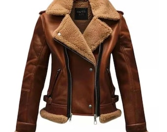 Women’s Handmade Sheepskin Aviator Bomber Jacket Genuine Leather