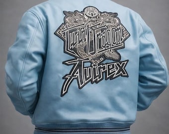 Men's Avirex Sky Powdered Blue Varsity Leather Jacket Cowhide Leather Coat