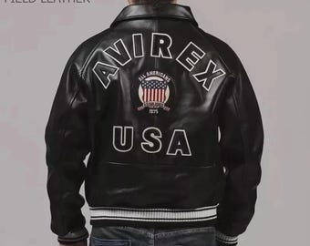 Chaqueta bomber Avirex de cuero auténtico negro para hombre. Chaqueta universitaria Avirex USA Flight.